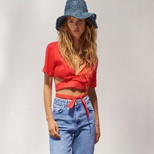 Zara top Crop Women medium coral pink waist tie linen shirt blouse S